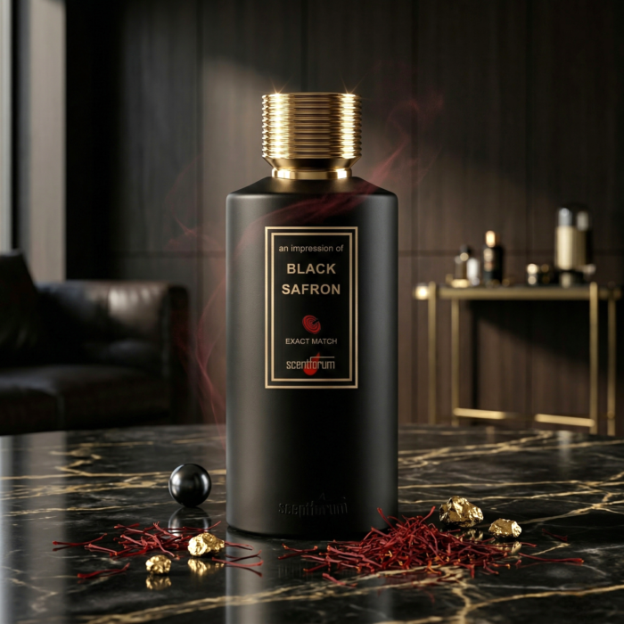 Exclusive Black Saffron perfume bottle with sleek glass design and dark label, placed on a clean neutral background